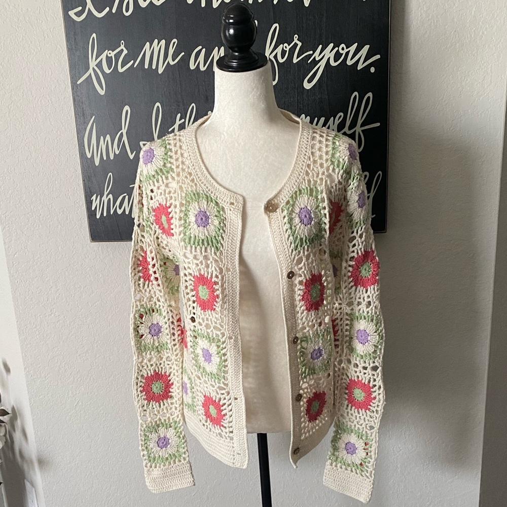 Polagram CrochetedPatchwork Cardigan NWT